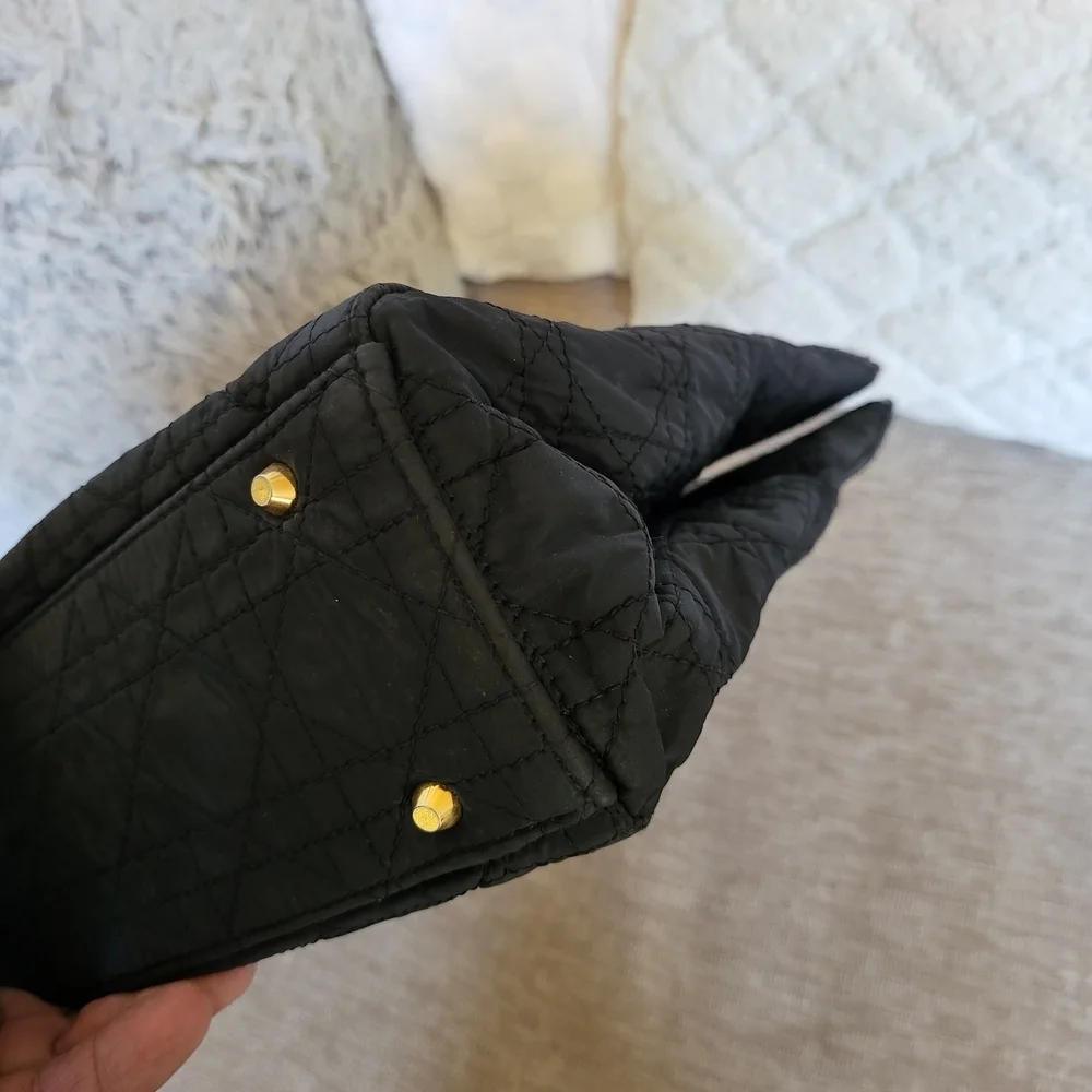 Christian Dior Cannage Tote Hand Bag Quilted Leather Cloth Black...Auth,,w/COA